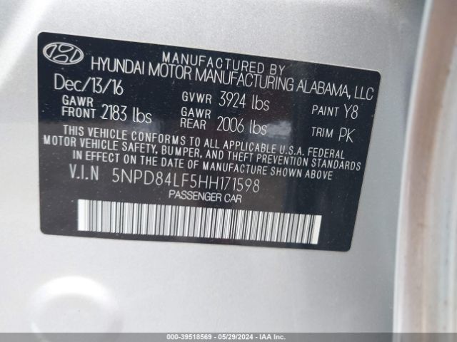 5NPD84LF5HH171598 Hyundai Elantra Limited