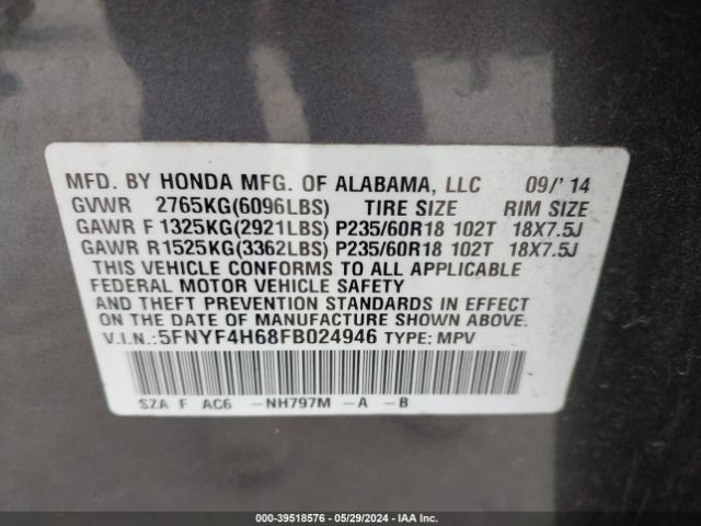 5FNYF4H68FB024946 Honda Pilot Ex-l