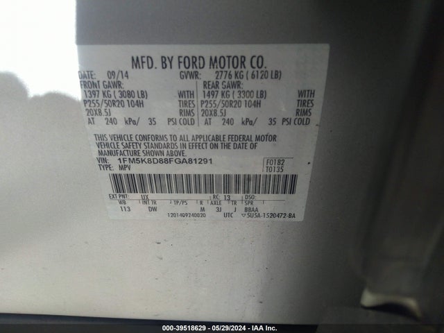 Ford EXPLORER XLT 2015 1FM5K8D88FGA81291 Image 9