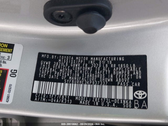 Toyota COROLLA LE 2019 5YFBURHE3KP937337 Image 9