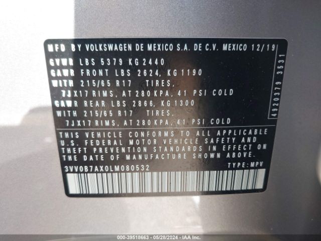 3VV0B7AX0LM080532 Volkswagen Tiguan 2.0t S