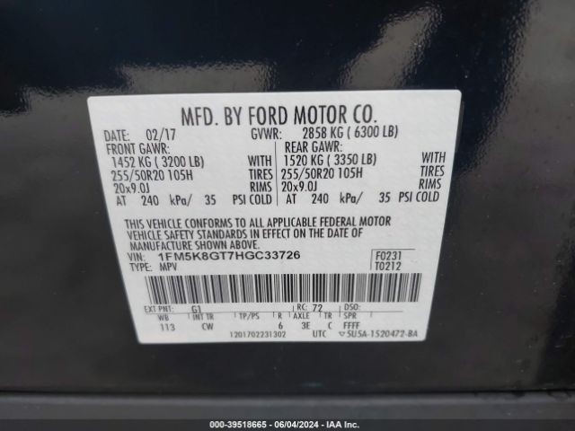1FM5K8GT7HGC33726 Ford EXPLORER SPORT