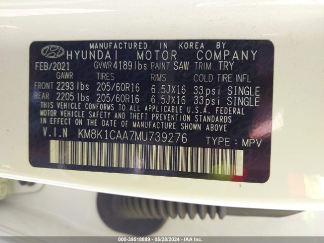 KM8K1CAA7MU739276 Hyundai Kona Se