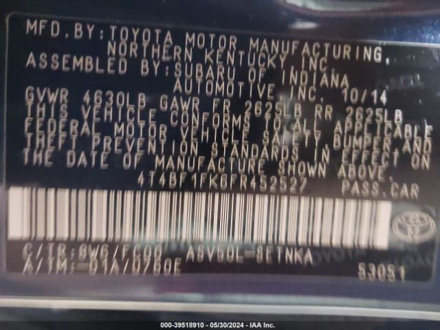 4T4BF1FK6FR452527 Toyota CAMRY LE
