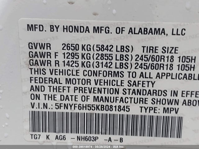 Honda Pilot Ex-l 2019 5FNYF6H55KB081845 Image 9