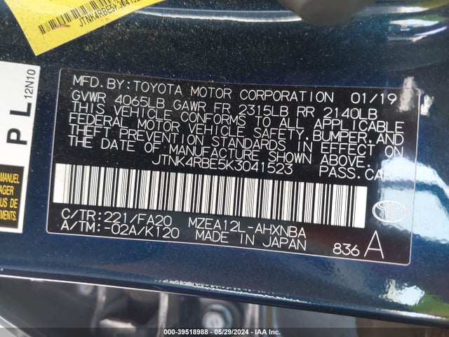 Toyota COROLLA SE 2019 JTNK4RBE5K3041523 Image 9