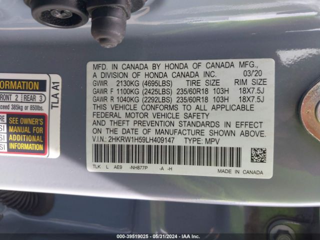 2HKRW1H59LH409147 Honda Cr-v 2wd Ex