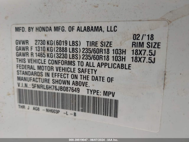 Honda Odyssey Ex-l 2018 5FNRL6H76JB087649 Image 9