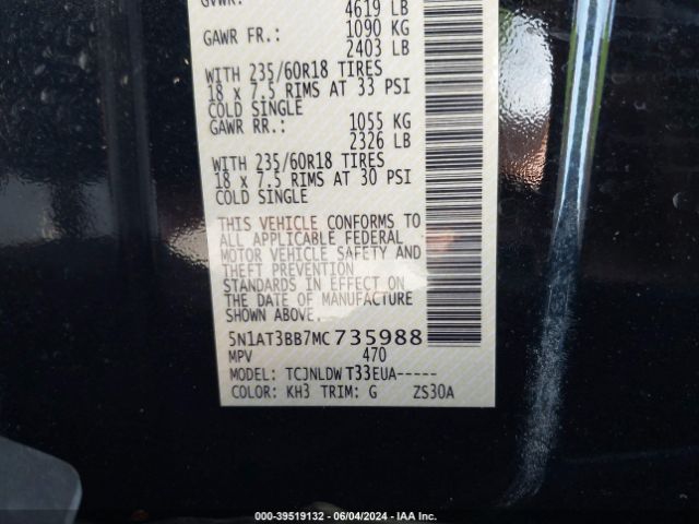 5N1AT3BB7MC735988 Nissan Rogue Sv Intelligent Awd