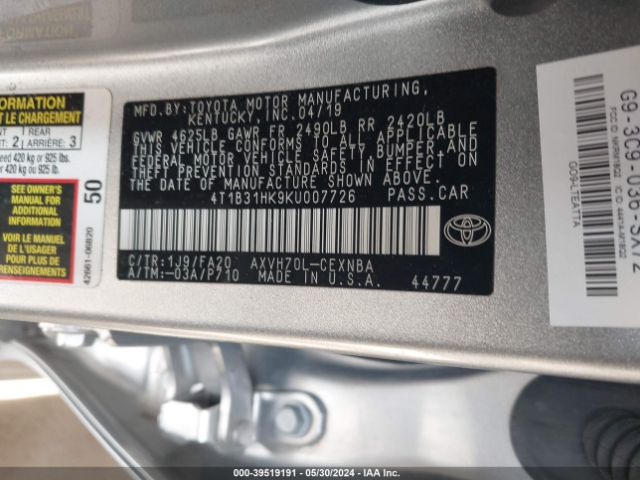 4T1B31HK9KU007726 Toyota Camry Hybrid Le