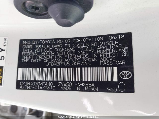 JTDKBRFU5J3067260 Toyota Prius Two