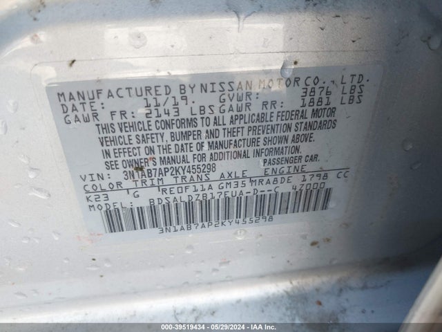 Nissan SENTRA SV 2019 3N1AB7AP2KY455298 Image 9