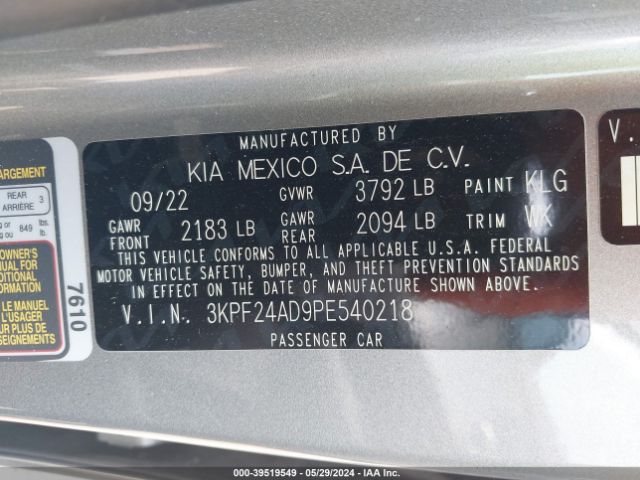 3KPF24AD9PE540218 KIA Forte Lxs
