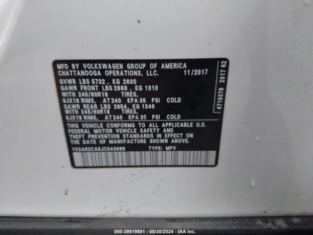 1V2AR2CA5JC543689 Volkswagen Atlas 3.6l V6 S