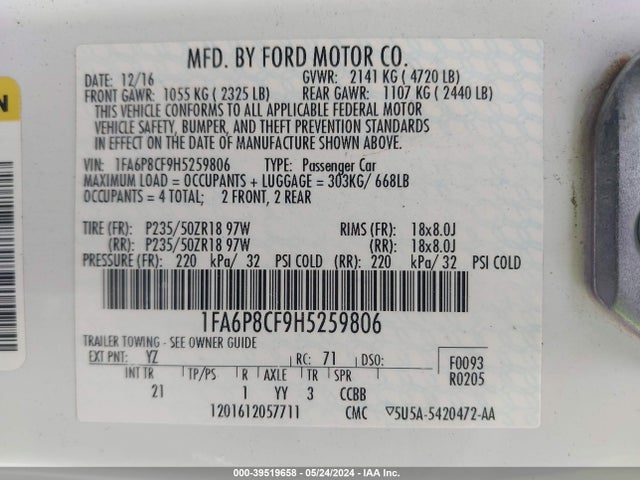 Ford MUSTANG GT 2017 1FA6P8CF9H5259806 Image 9