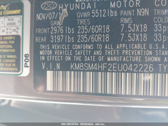 KM8SM4HF2EU042226 Hyundai Santa Fe Gls