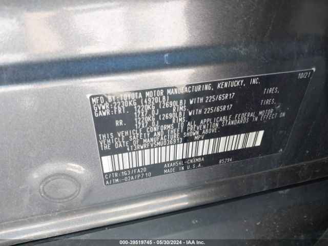 4T3RWRFV5MU036913 Toyota Rav4 Xle Hybrid