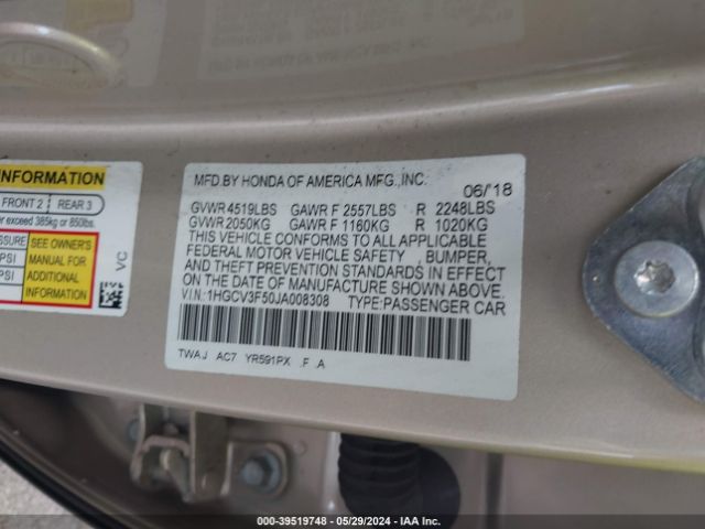 1HGCV3F50JA008308 Honda Accord Hybrid Ex-l