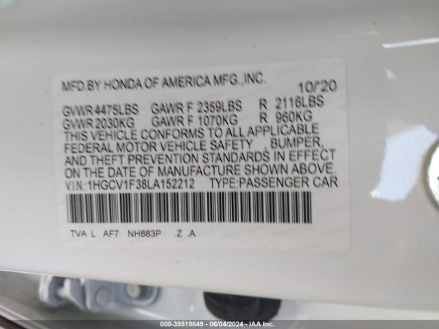 1HGCV1F38LA152212 Honda Accord Sport