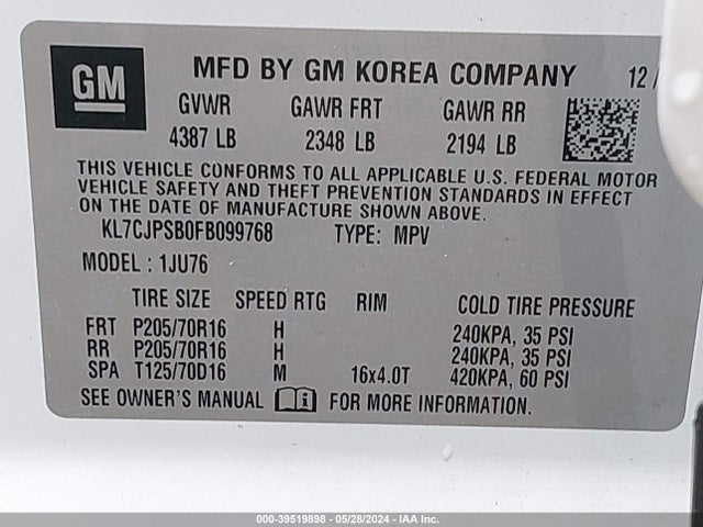 Chevrolet Trax 1ls 2015 KL7CJPSB0FB099768 Image 9