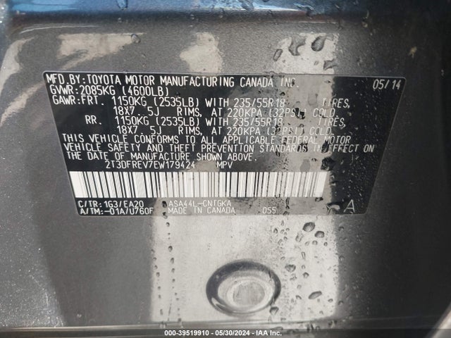 Toyota Rav4 Limited 2014 2T3DFREV7EW179424 Image 9