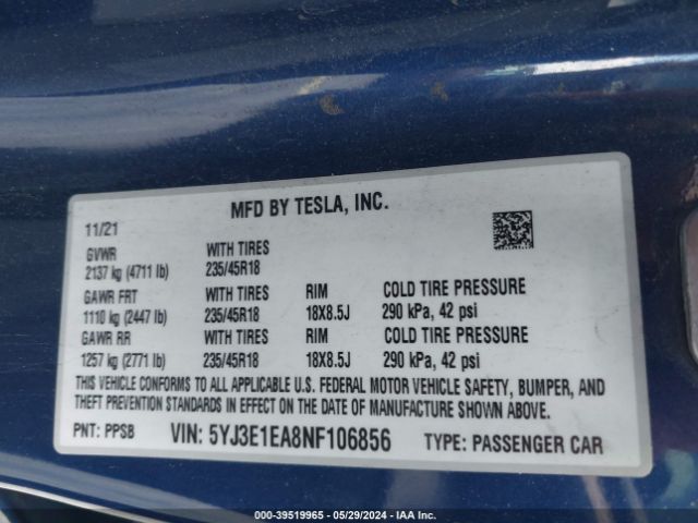 5YJ3E1EA8NF106856 Tesla Model 3 Rear-wheel Drive
