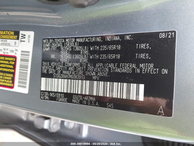 Toyota Highlander Xle 2021 5TDGZRAH7MS083913 Image 9