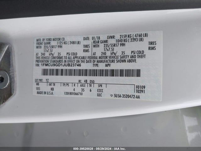 Ford ESCAPE SE 2018 1FMCU9GD1JUB23746 Image 9