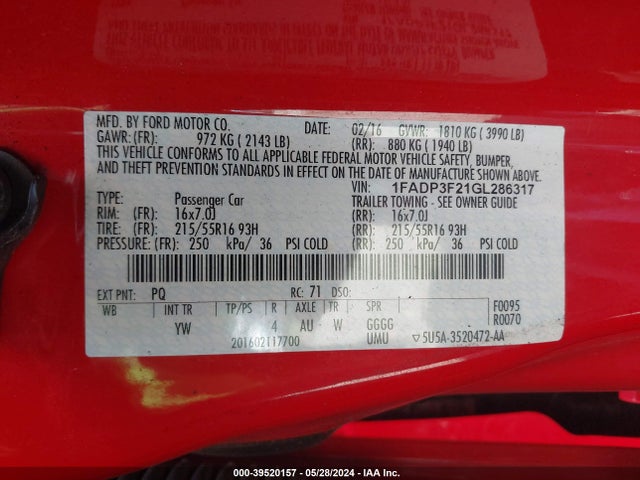 Ford FOCUS SE 2016 1FADP3F21GL286317 Image 9