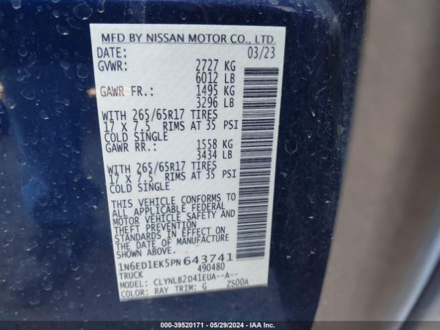 1N6ED1EK5PN643741 Nissan Frontier Sv 4x4