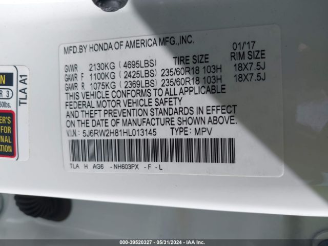 5J6RW2H81HL013145 Honda Cr-v Ex-l/ex-l Navi
