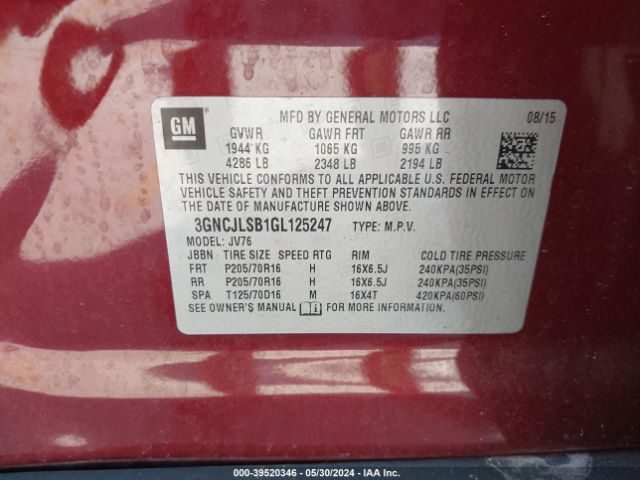 3GNCJLSB1GL125247 Chevrolet Trax Lt