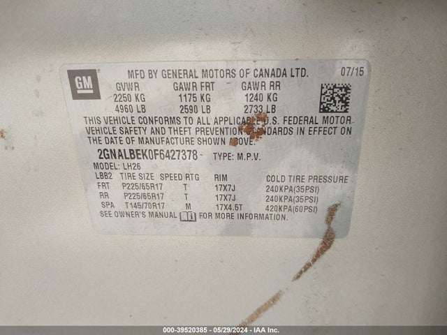 Chevrolet EQUINOX 1LT 2015 2GNALBEK0F6427378 Image 9