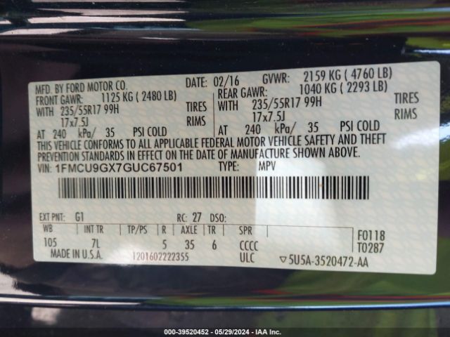 1FMCU9GX7GUC67501 Ford ESCAPE SE