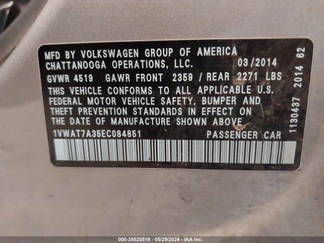 1VWAT7A35EC084851 Volkswagen Passat 1.8t Wolfsburg Edition