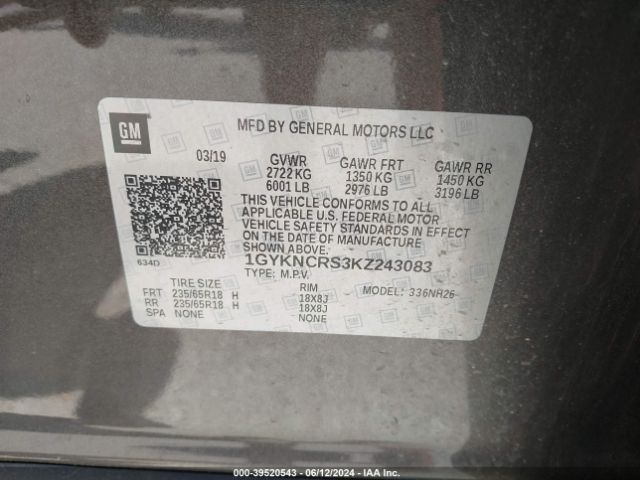 1GYKNCRS3KZ243083 Cadillac XT5 LUXURY