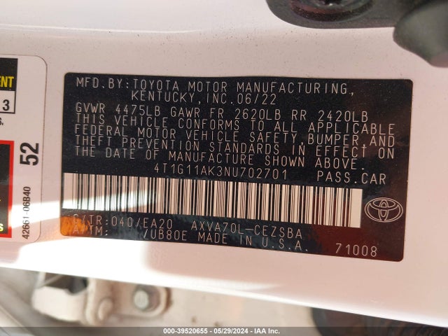 Toyota CAMRY SE 2022 4T1G11AK3NU702701 Image 9