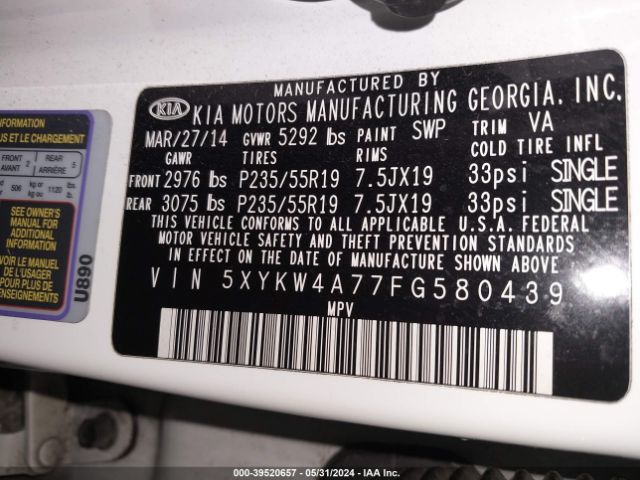 5XYKW4A77FG580439 KIA Sorento Limited V6