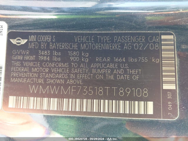 2008 MINI COOPER S WMWMF73518TT89108 Photo 8