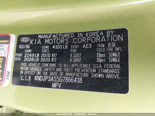 KIA SOUL + 2016 KNDJP3A55G7866418 Image 9