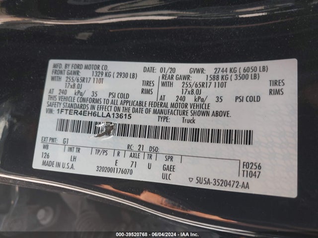 Ford RANGER XL 2020 1FTER4EH6LLA13615 Image 9