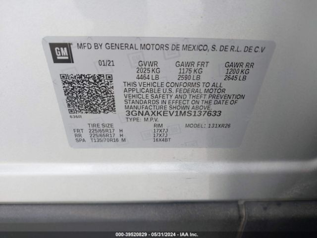 3GNAXKEV1MS137633 Chevrolet Equinox Fwd Lt