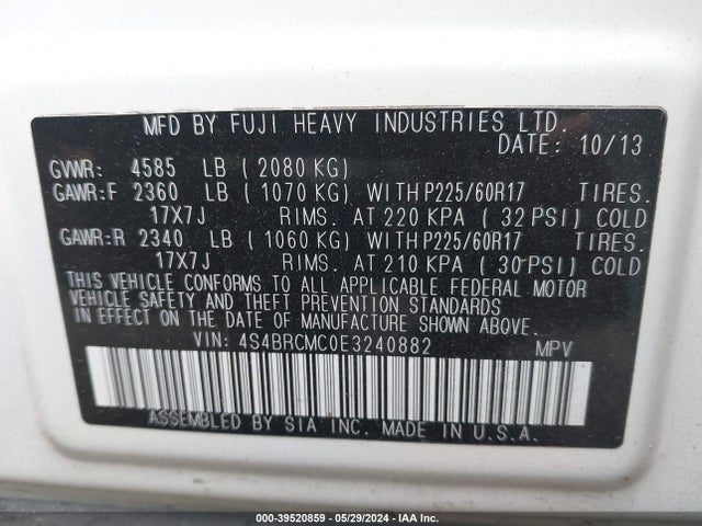 Subaru Outback 2.5i Limited 2014 4S4BRCMC0E3240882 Image 9