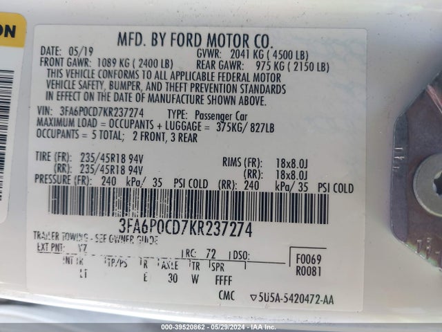 Ford FUSION SEL 2019 3FA6P0CD7KR237274 Image 9