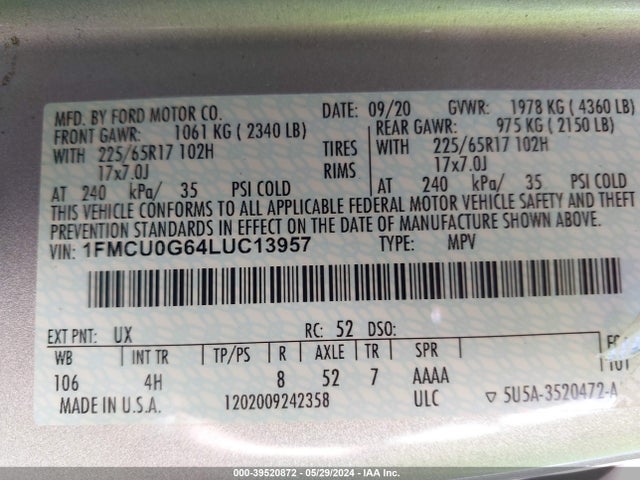 Ford ESCAPE SE 2020 1FMCU0G64LUC13957 Image 9
