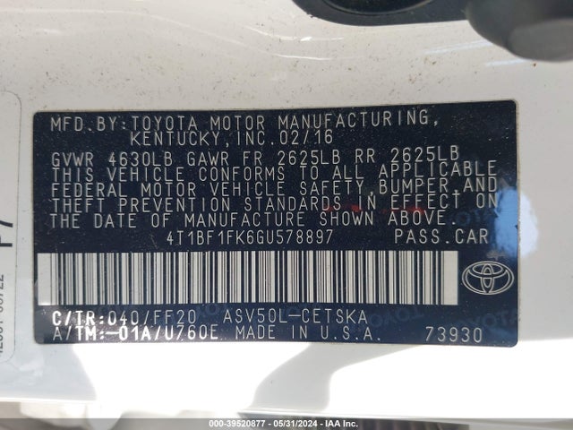 Toyota CAMRY SE 2016 4T1BF1FK6GU578897 Image 9