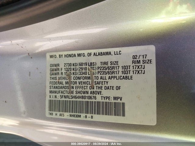 Honda Odyssey Ex-l 2017 5FNRL5H64HB010676 Image 9