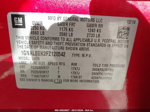 Chevrolet EQUINOX 1LT 2015 1GNALBEK2FZ120542 Image 9