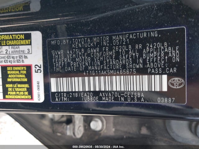 Toyota CAMRY SE 2021 4T1G11AK5MU465675 Image 9
