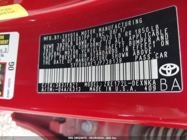 Toyota COROLLA LE 2018 5YFBURHE1JP738138 Image 9